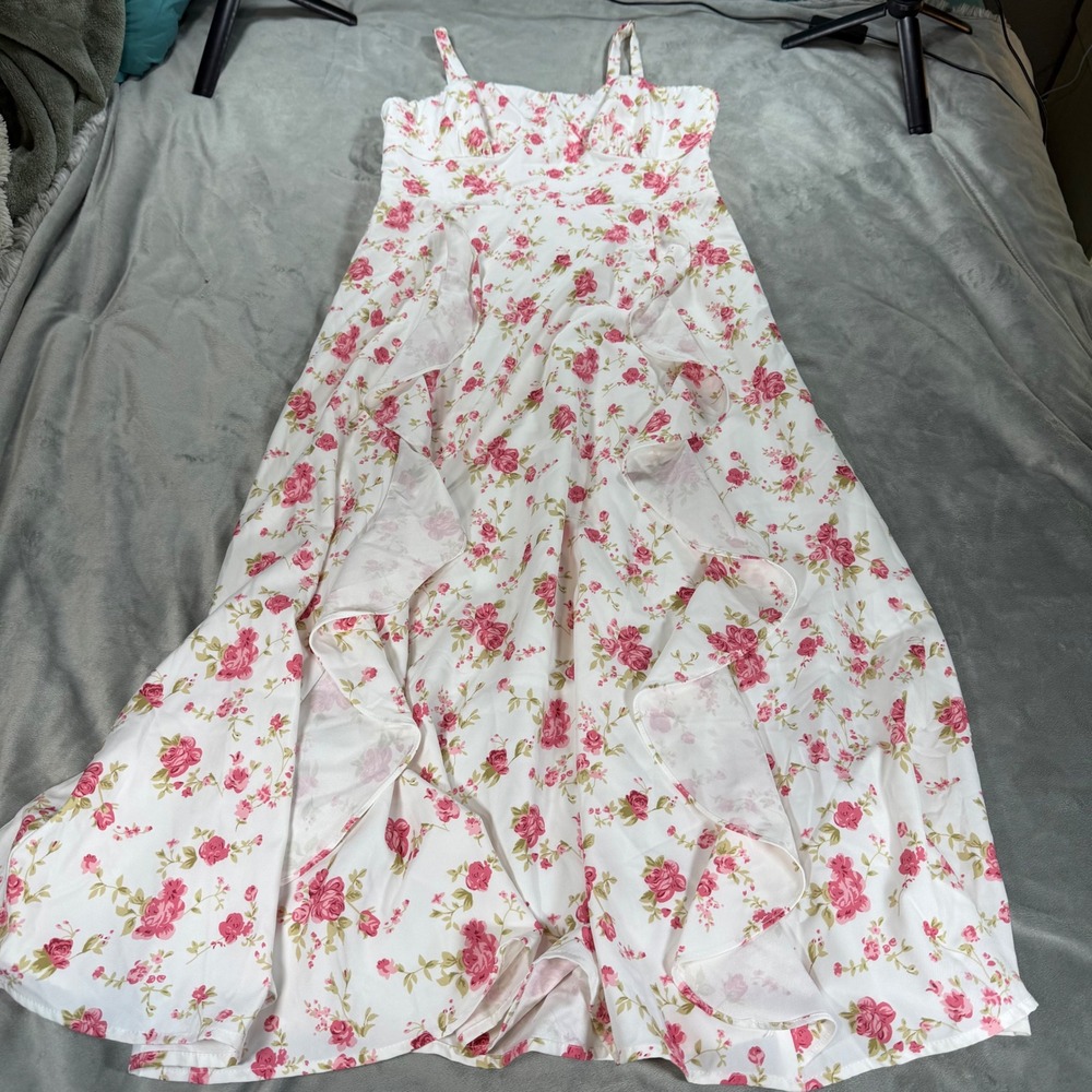 Belle Poque Vintage Style Floral Rose Sleeveless Ruffle Spring Summer Dress Sz M